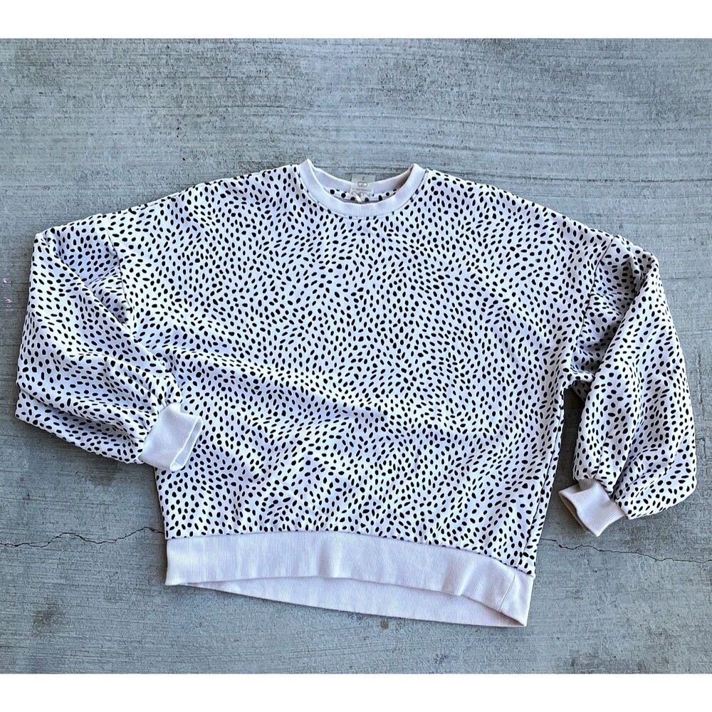 Puff Sleeve Sweatshirt Womens Small Cropped Black Cream Dot Cozy Athleisure